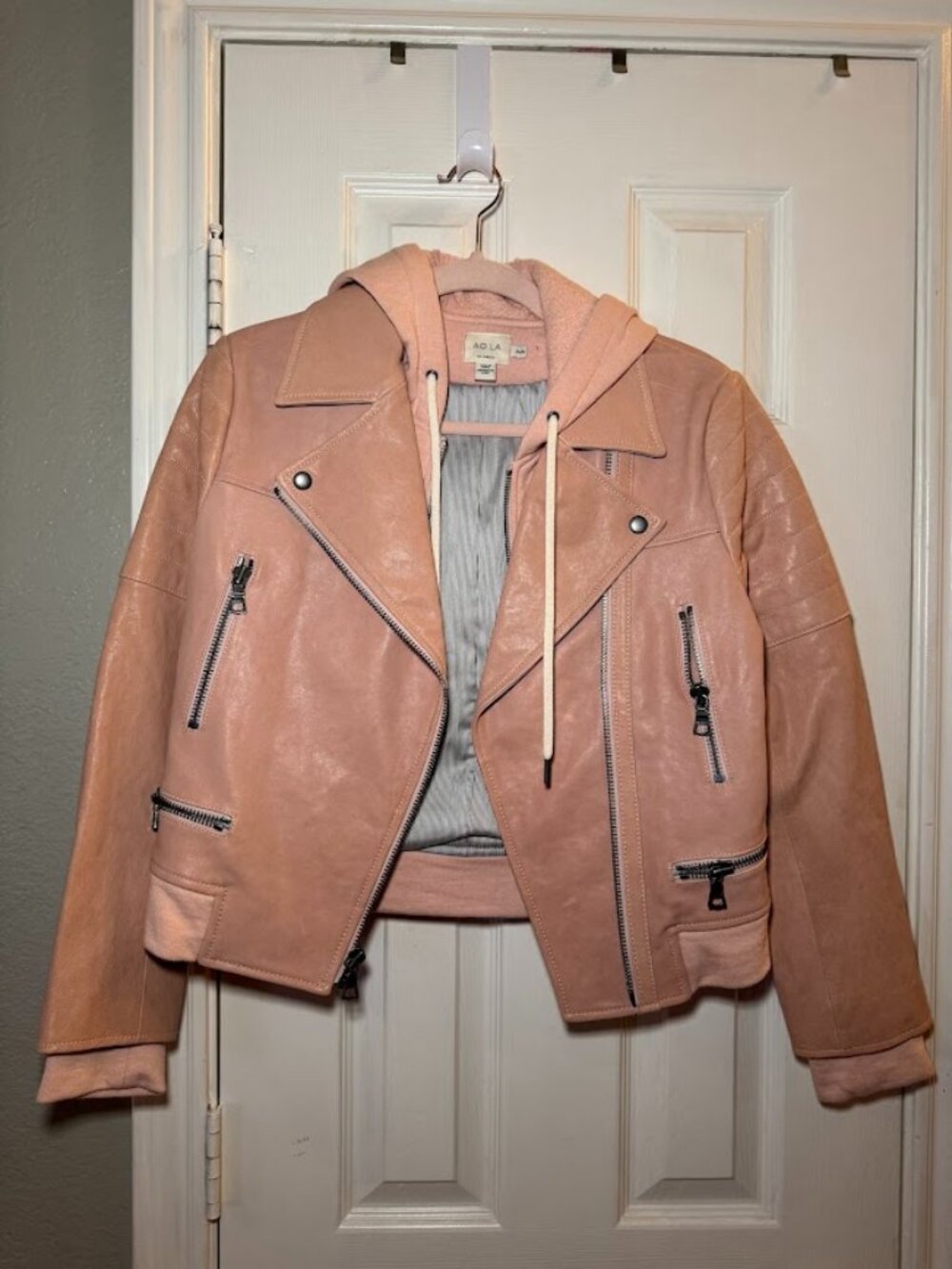 NWOT Alice + Olivia AO.LA Avril Hooded 100% Leather Biker Jacket Barbie Pink - M
